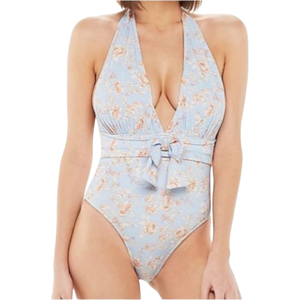 WE WORE WHAT Brooklyn One Piece Floral Halogen Blue Swim Suit Size Med NWT